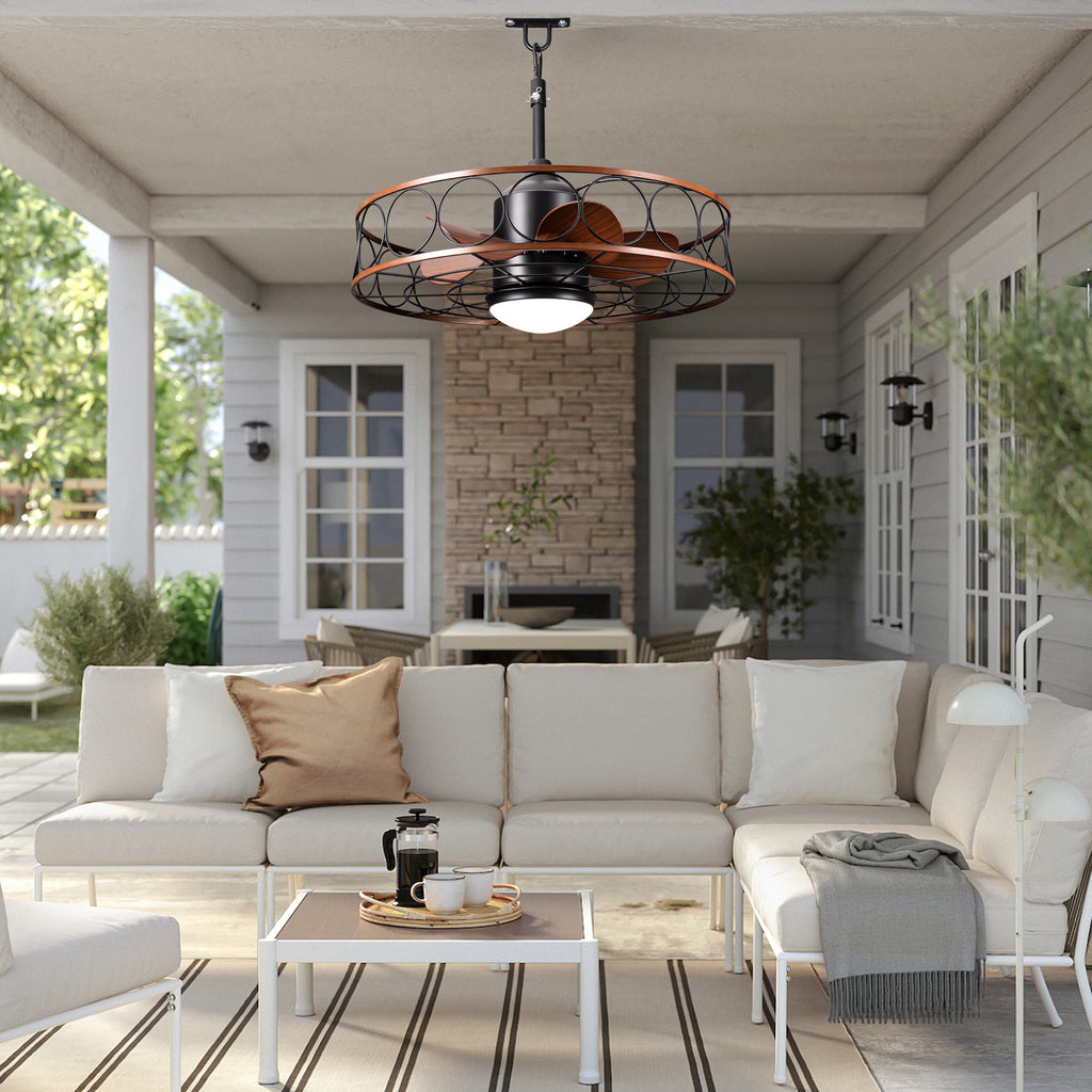 24 Inch Industrial Farmhouse Outdoor Caged Ceiling Fan with LED Lights and Remote, 6 Speed DC Motor Patio Ceiling Fan Waterproof
