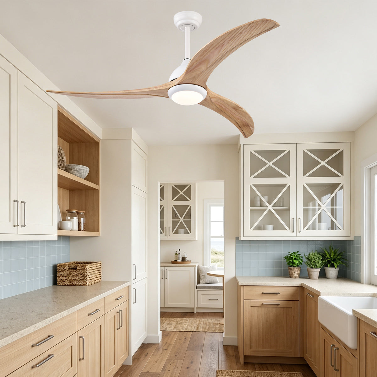 52 Inch Modern Farmhouse Matte White Solid Wood Blade Ceiling Fan with Lights & Remote Control, 6 Speed DC Motor Reversible Ceiling Fan