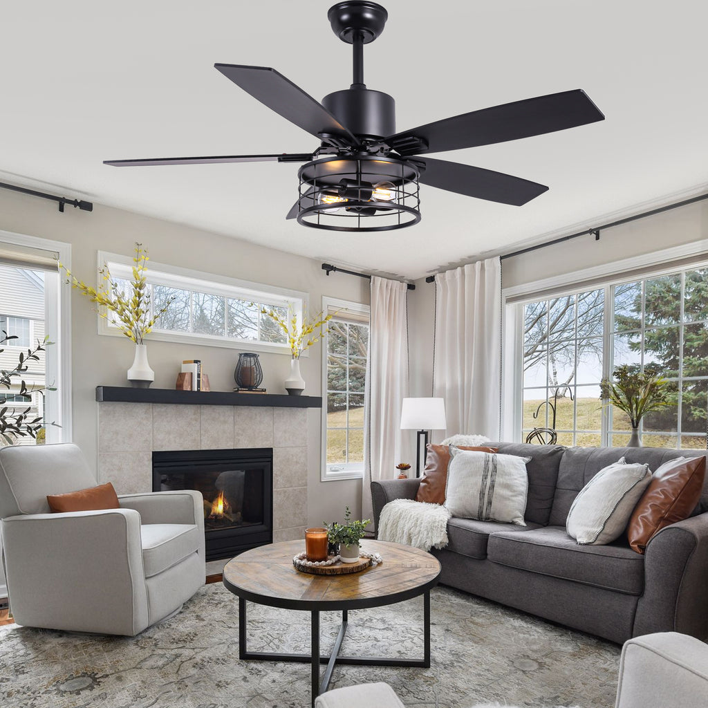 46 Inch 5-Blade Black Industrial Ceiling Fan with Lights and Remote Control, 6 Speeds DC Motor Caged Ceiling Fan for Living Room