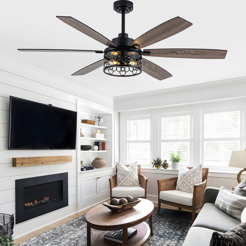 Modern 60 Inch Industrial Caged Ceiling Fan with Light Reversible Quiet DC Motor with 6 Speed Remote Control Ceiling Fan Adjustable Down Rodes Ceiling Fan with Light Suit for Bedroon,Living Room