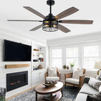 Modern 60 Inch Industrial Caged Ceiling Fan with Light Reversible Quiet DC Motor with 6 Speed Remote Control Ceiling Fan Adjustable Down Rodes Ceiling Fan with Light Suit for Bedroon,Living Room