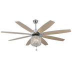 DC6504-BellaDepot 65" 8 Wooden Blades Silver Finish Crystal Reversible Ceiling Fan with Remote and 3 Lights, Large Size 6-speed Ceiling Fan