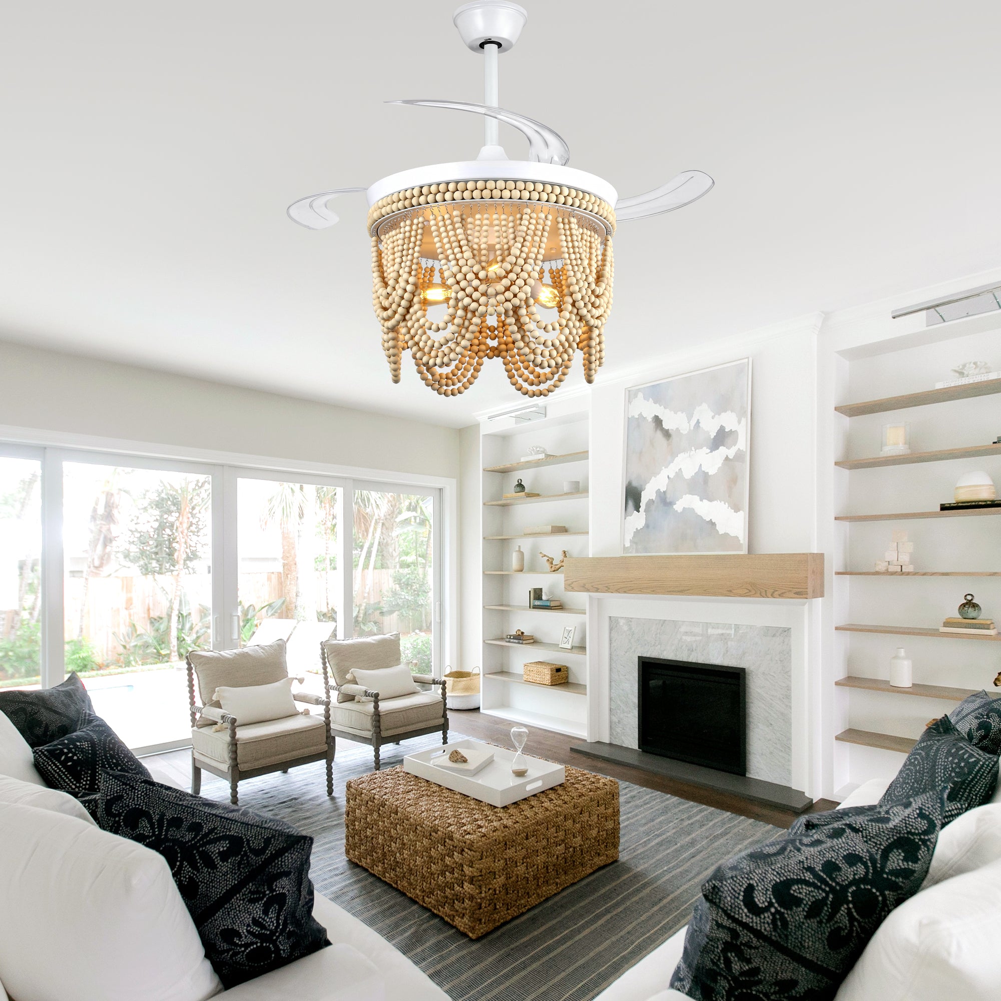 42 Inch Black/Gold/White Boho Retractable Ceiling Fan with Lights and Remote, 6 Speeds DC Motor Bladeless Ceiling Fan with Wood Beaded Shade