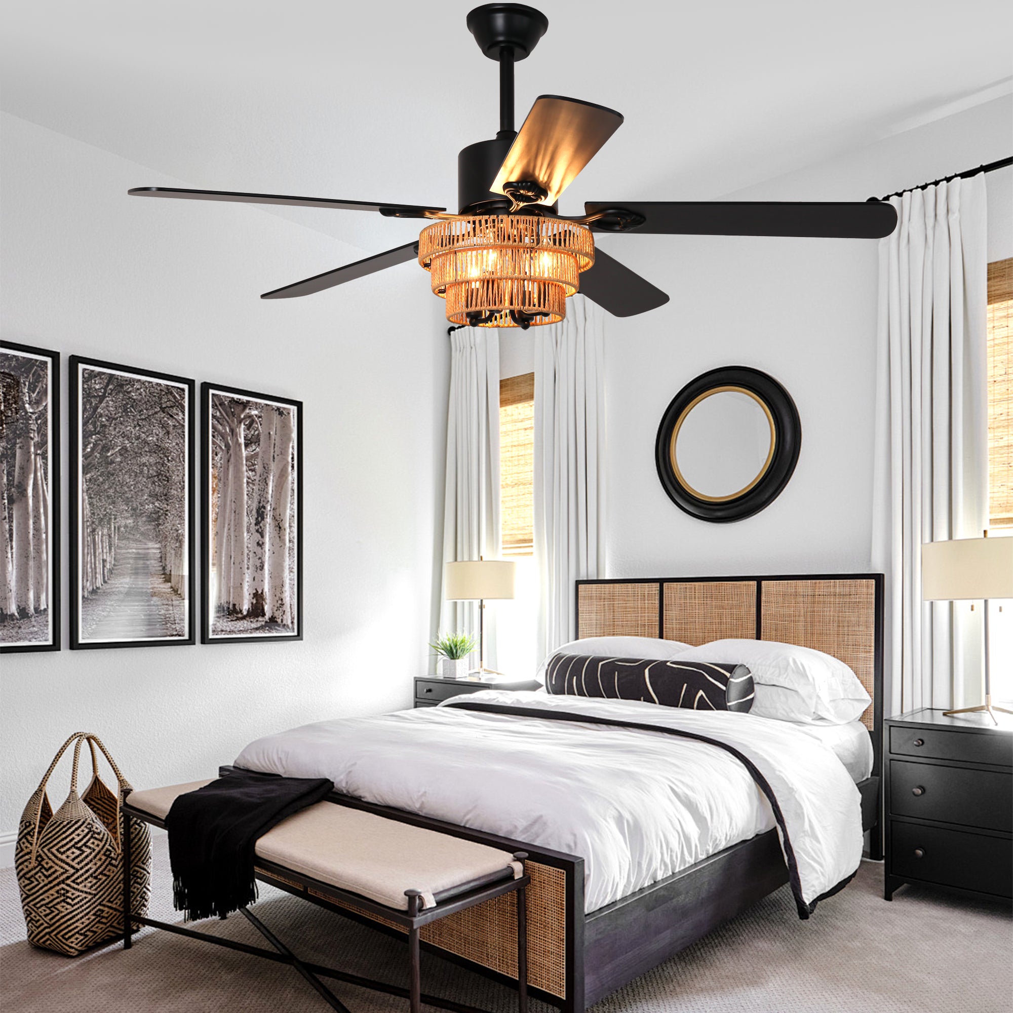 DC5221-BellaDepot 52" Farmhouse Brown Rattan Caged Ceiling Fan with Remote Control, 5 Blades Standard Ceiling Fan with Lights