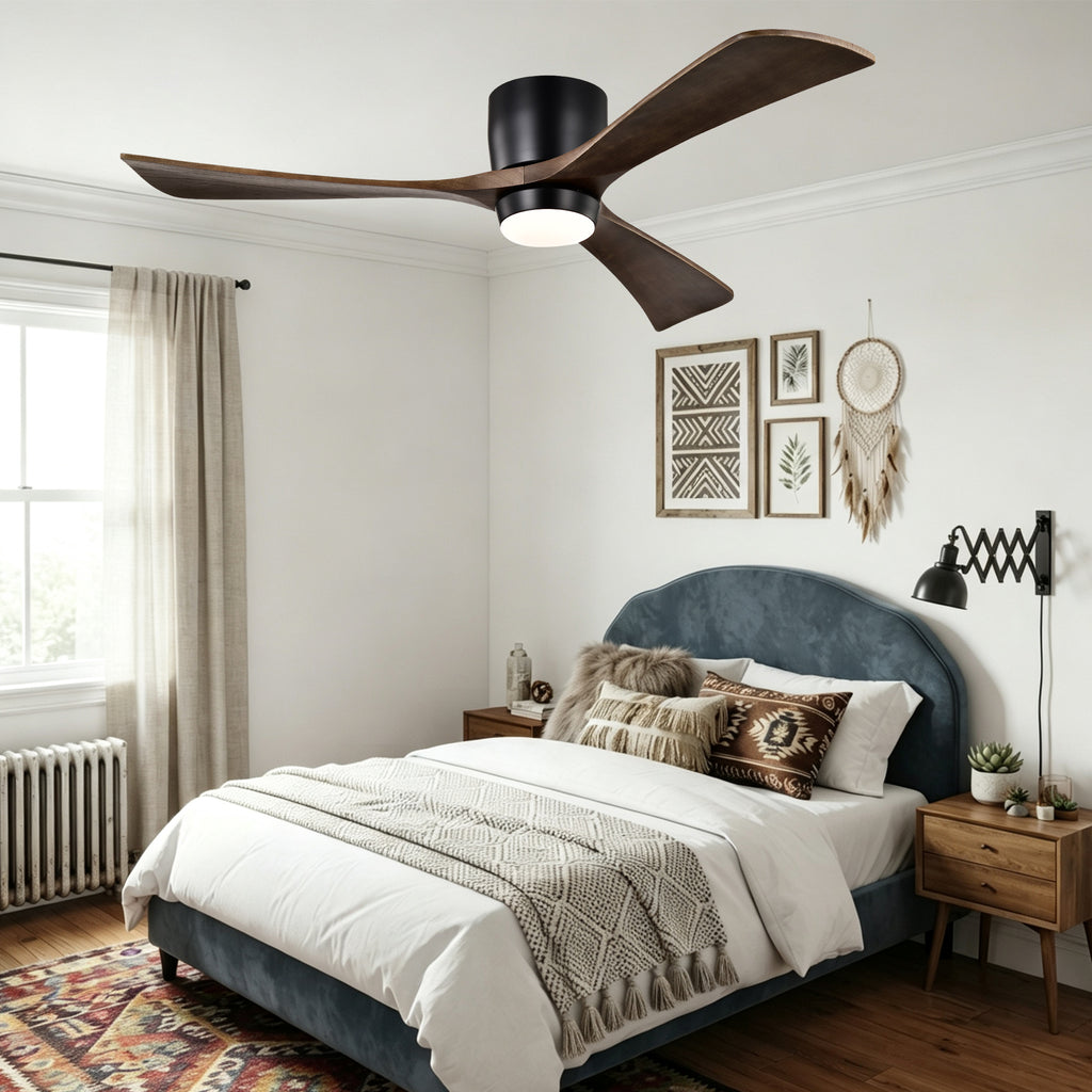52 Inch Modern Farmhouse Matte Black Flush Mount eiling Fan with Lights & Remote Control, 6 Speed DC Motor Reversible Ceiling Fan