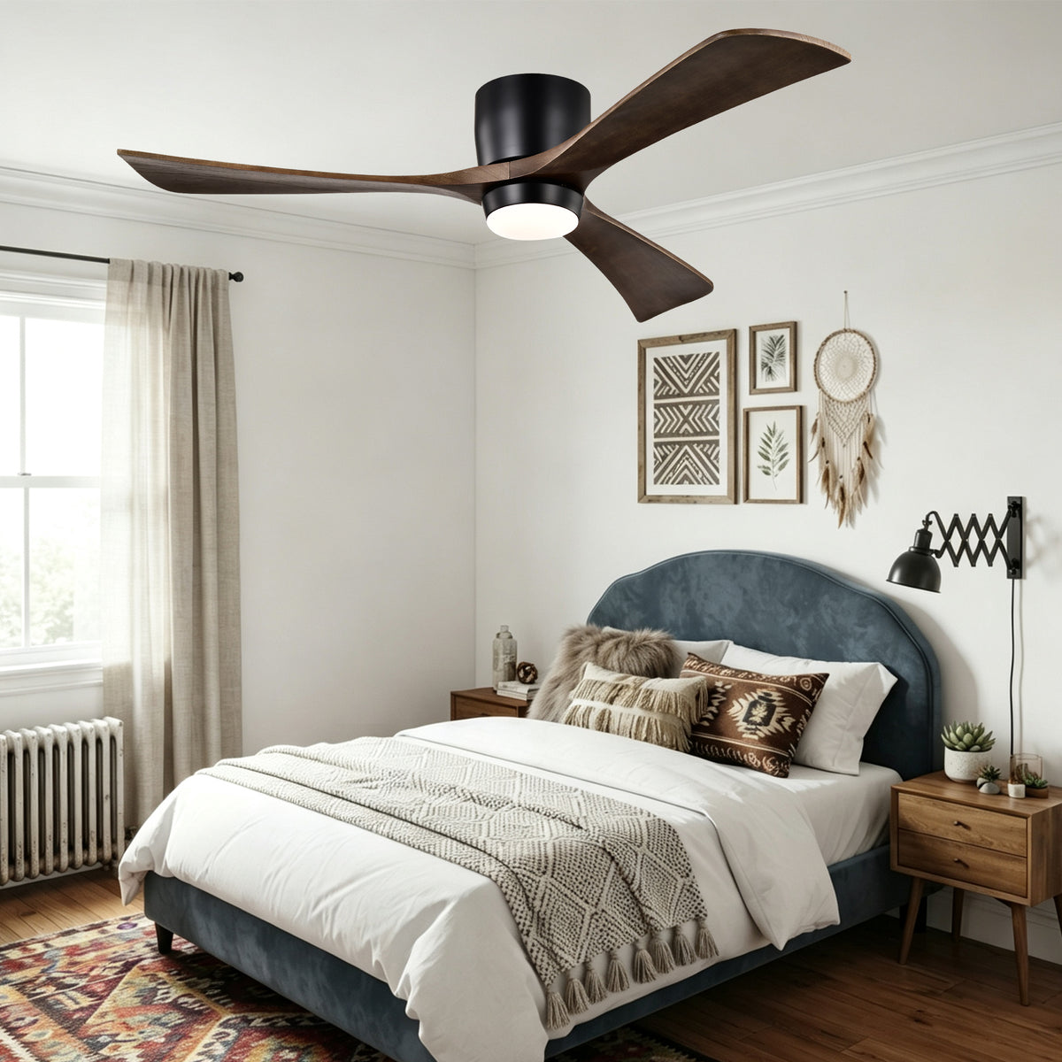 52 Inch Modern Farmhouse Matte Black Flush Mount eiling Fan with Lights & Remote Control, 6 Speed DC Motor Reversible Ceiling Fan