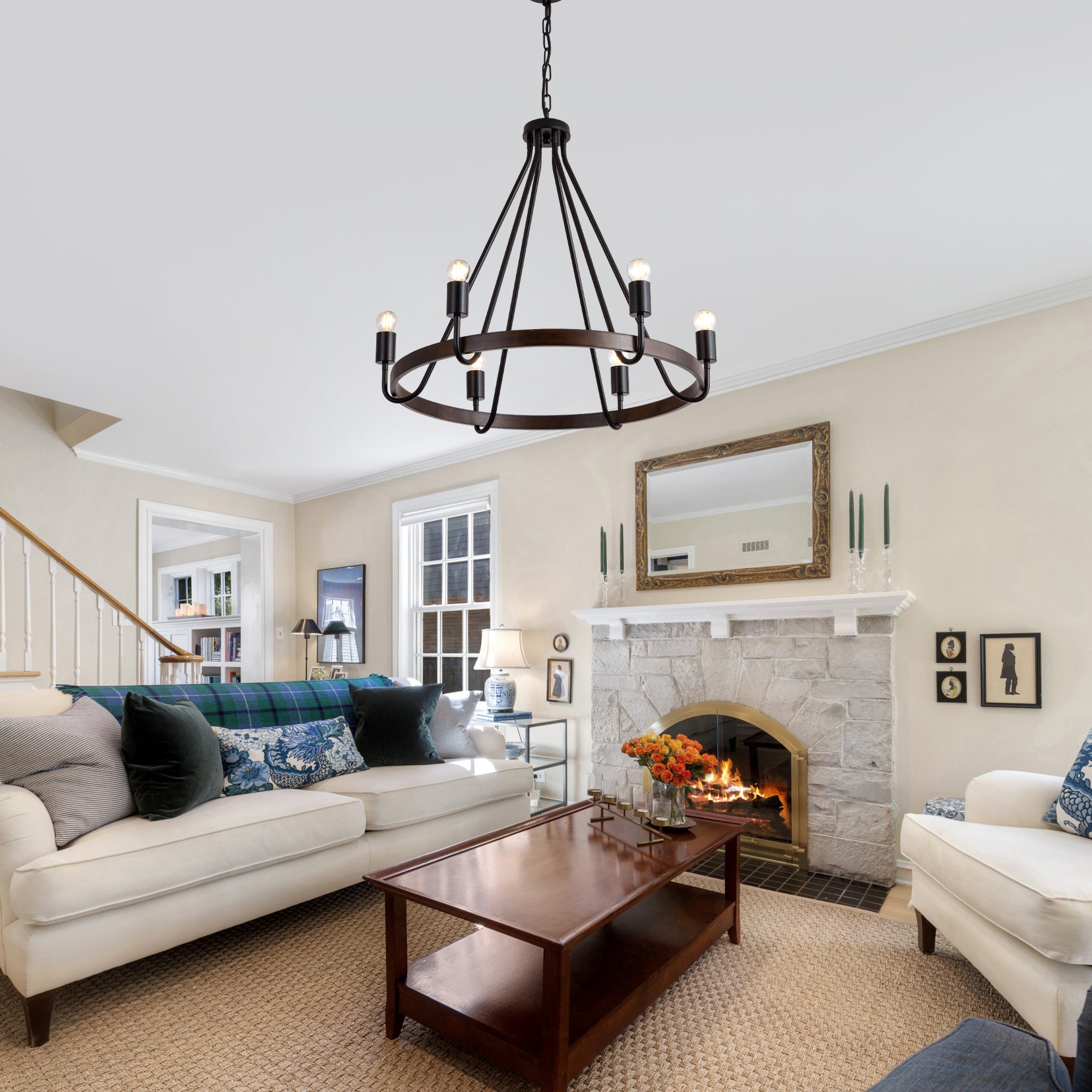 6 - Light Black Farmhouse Small Wagon Wheel Chandelier, 28" Round Chandelier Foyer Chandeliers with Height Adjustable