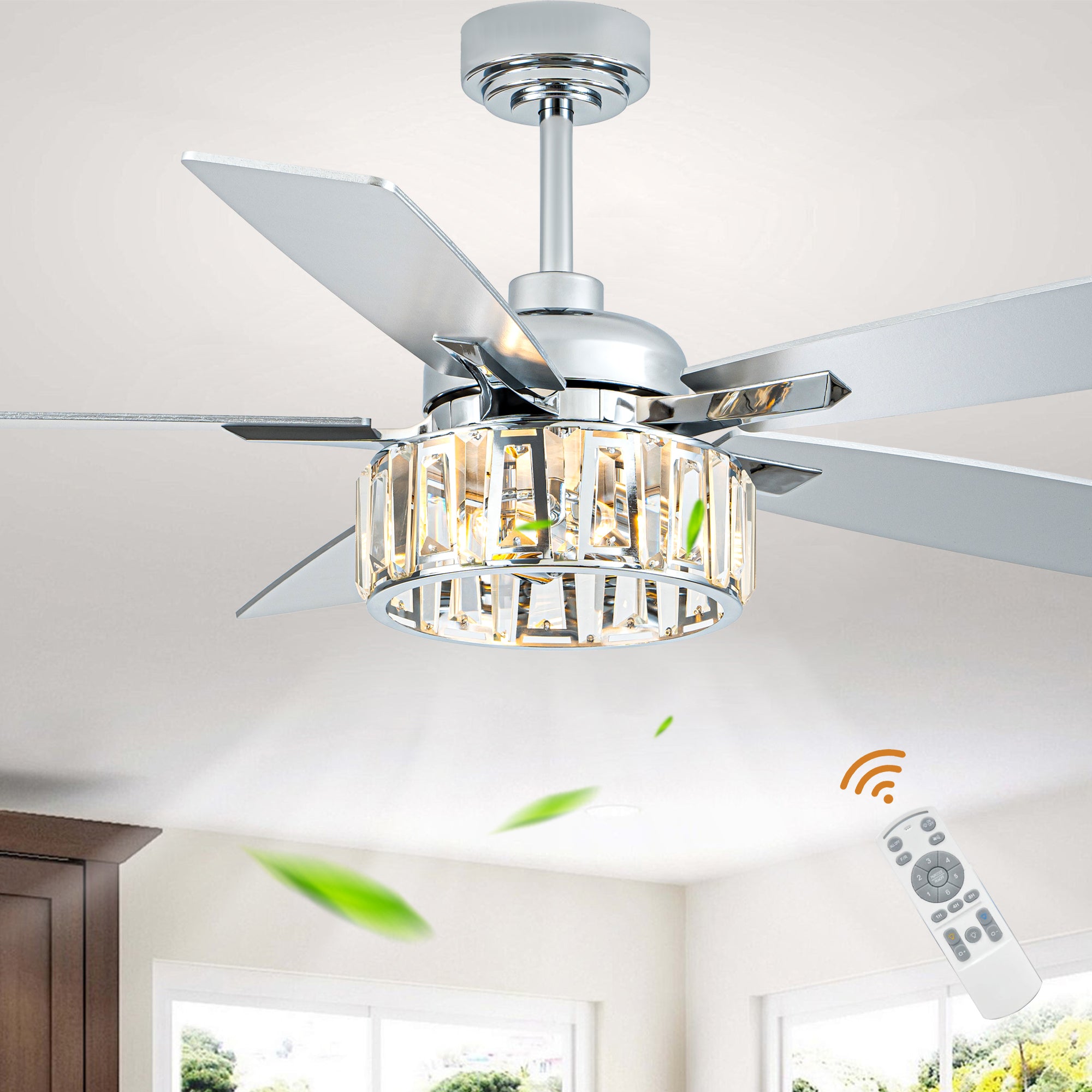 52 Inch Chrome Contemporary Glam Ceiling Fan with Lights and Remote Control, 6 Speeds Reversible Ceiling Fan with Crystals