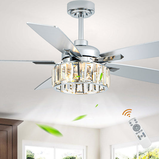 BellaDepot 52" Luxury Crystal Caged Chrome Ceiling Fan with Remote Control, 6 Speeds Ceiling Fan with Lights for Living Room- DC5226-MD