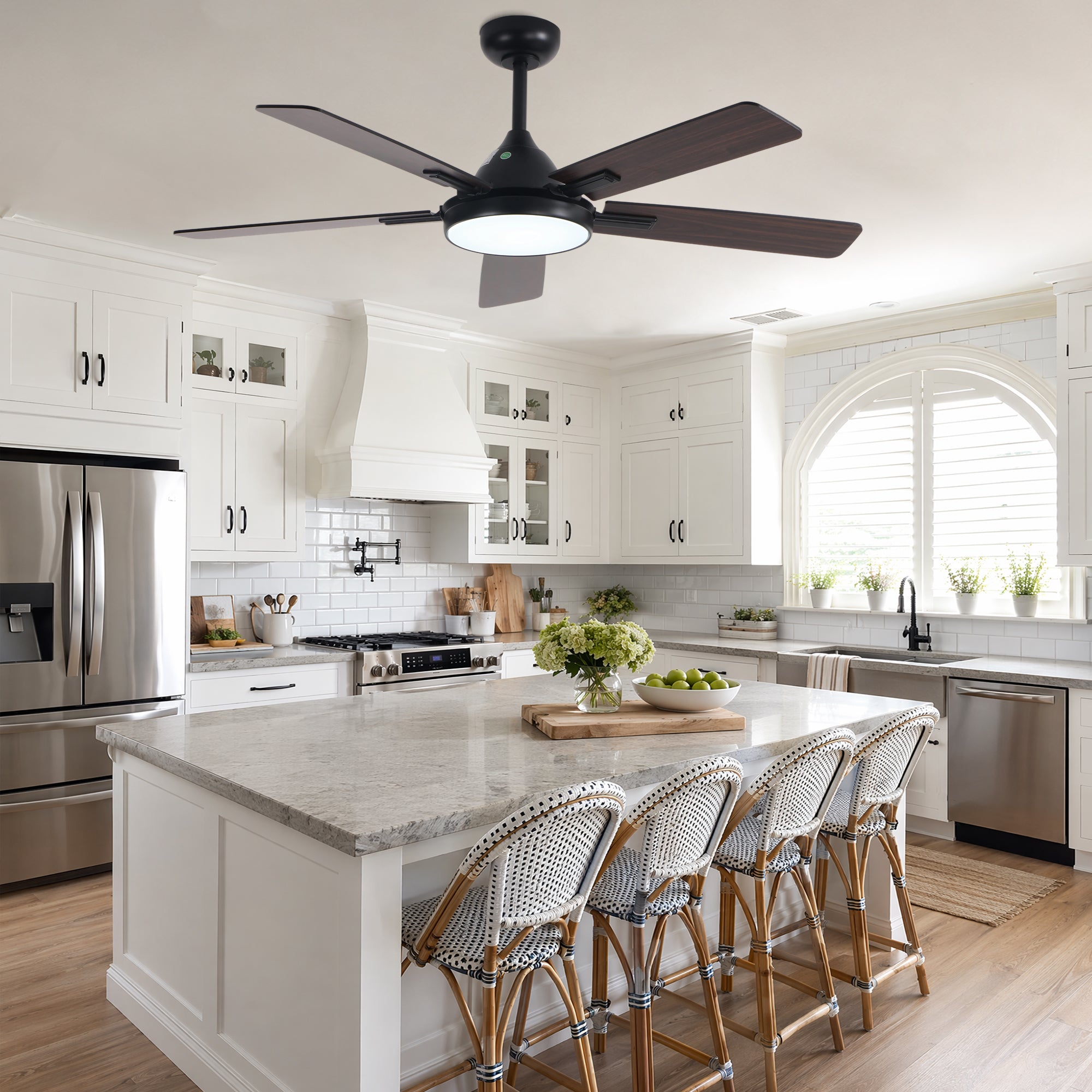 52 Inch Black Modern Ceiling Fan with LED Light, 6-Speed Reversible DC Motor, 5 Dual-Finish Wood Blades, Remote Control, Adjustable Height