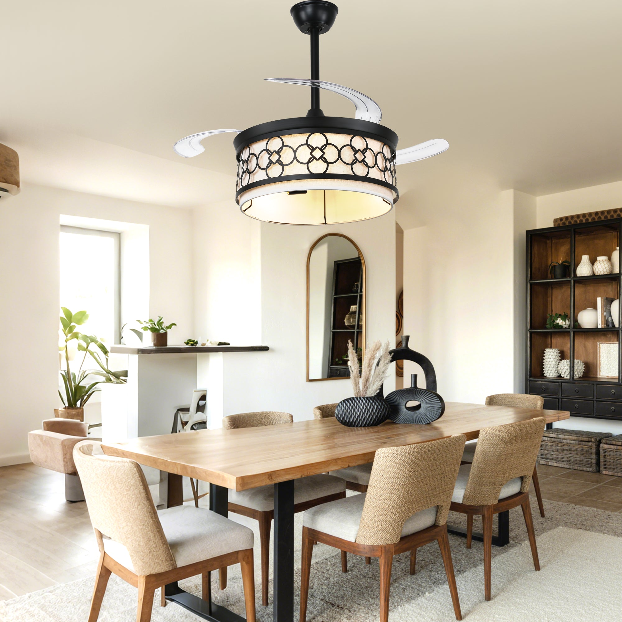 42 Inch Black Retractable Ceiling Fan with Lights and Remote, 6 Speeds DC Motor Farmhouse Black Bladeless Ceiling Fan for Bedroom