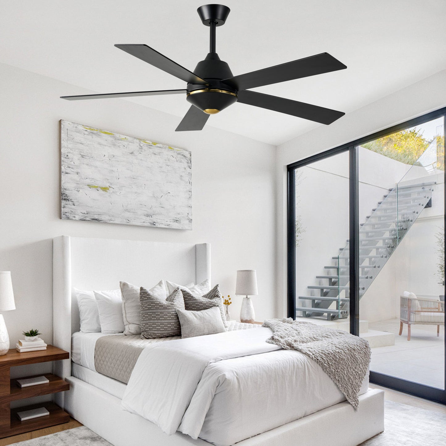 HWJ5219-52" 5 Wooden Blades Modern Reversible Ceiling Fan with Remote and LED Lights, Large Size 6-speed Ceiling Fan