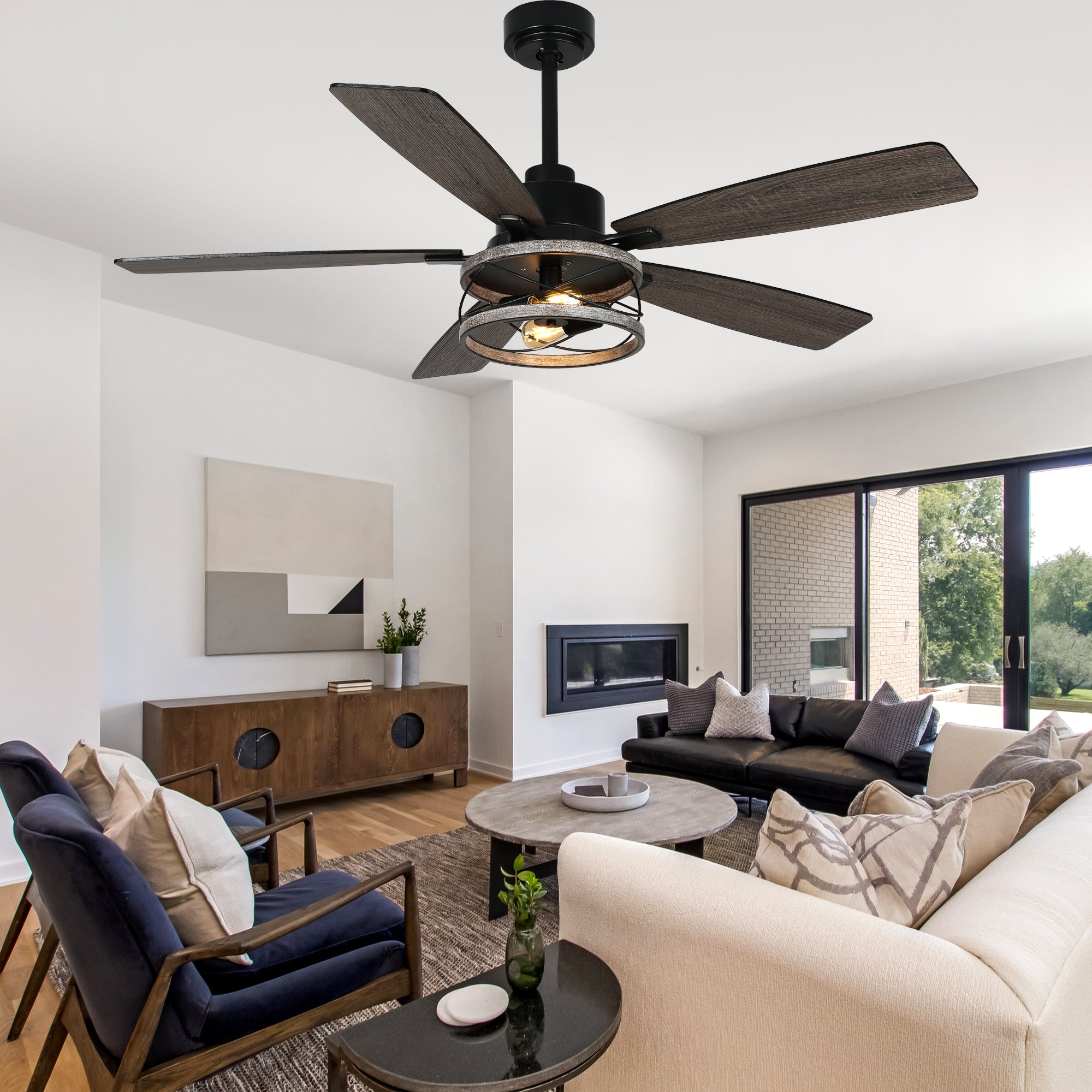 52 Inch Black Farmhouse Ceiling Fan with Lights and Remote Control, 6 Speeds DC Motor Reversible Caged Ceiling Fan