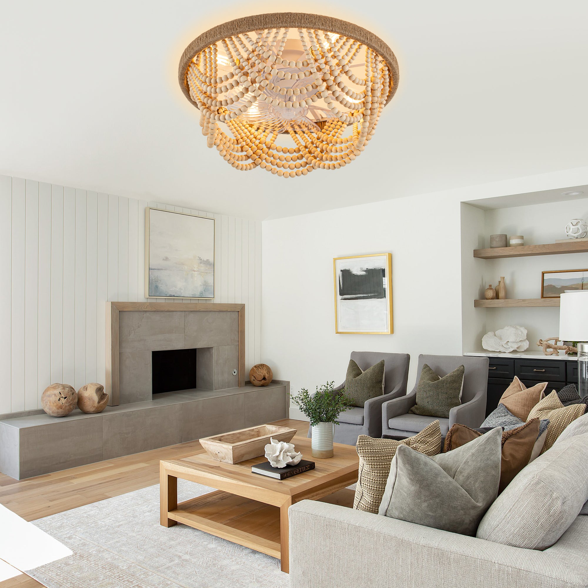 20 Inch Bohemian Flush Mount Ceiling Fan with Lights and Remote, 6 Speeds DC Motor Bladeless Low Profile Ceiling Fan for Bedroom