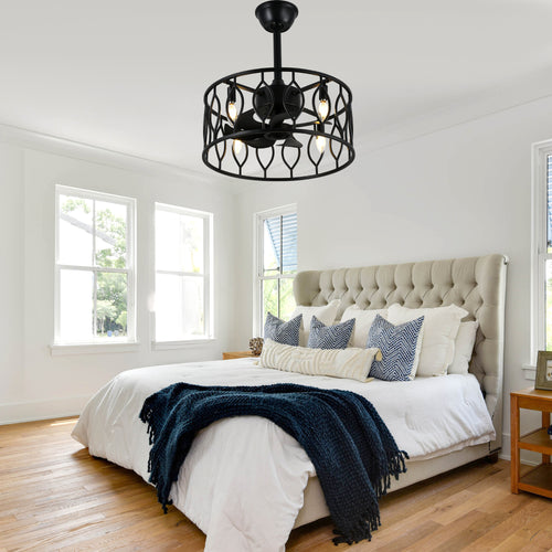 19 Inch Modern Black Caged Ceiling Fan with Lights and Remote Control, 6 Speeds DC Motor Fandelier Bladeless Ceiling Fan
