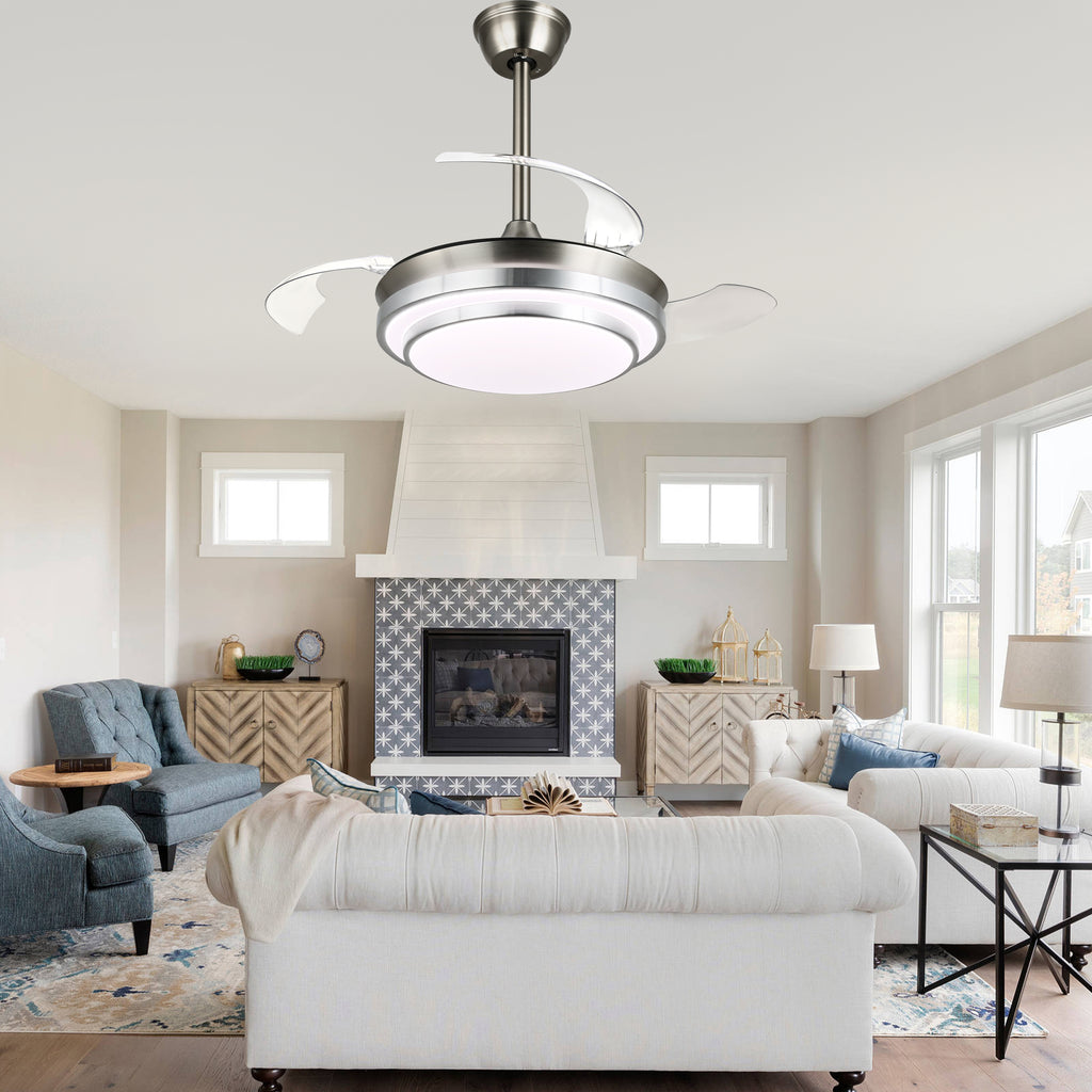 36 Inch Chrome Modern Retractable Ceiling Fan with LED Light and Remote, 6 Speeds DC Motor Bladeless Fandelier Ceiling Fan