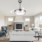 36 Inch Chrome Modern Retractable Ceiling Fan with LED Light and Remote, 6 Speeds DC Motor Bladeless Fandelier Ceiling Fan