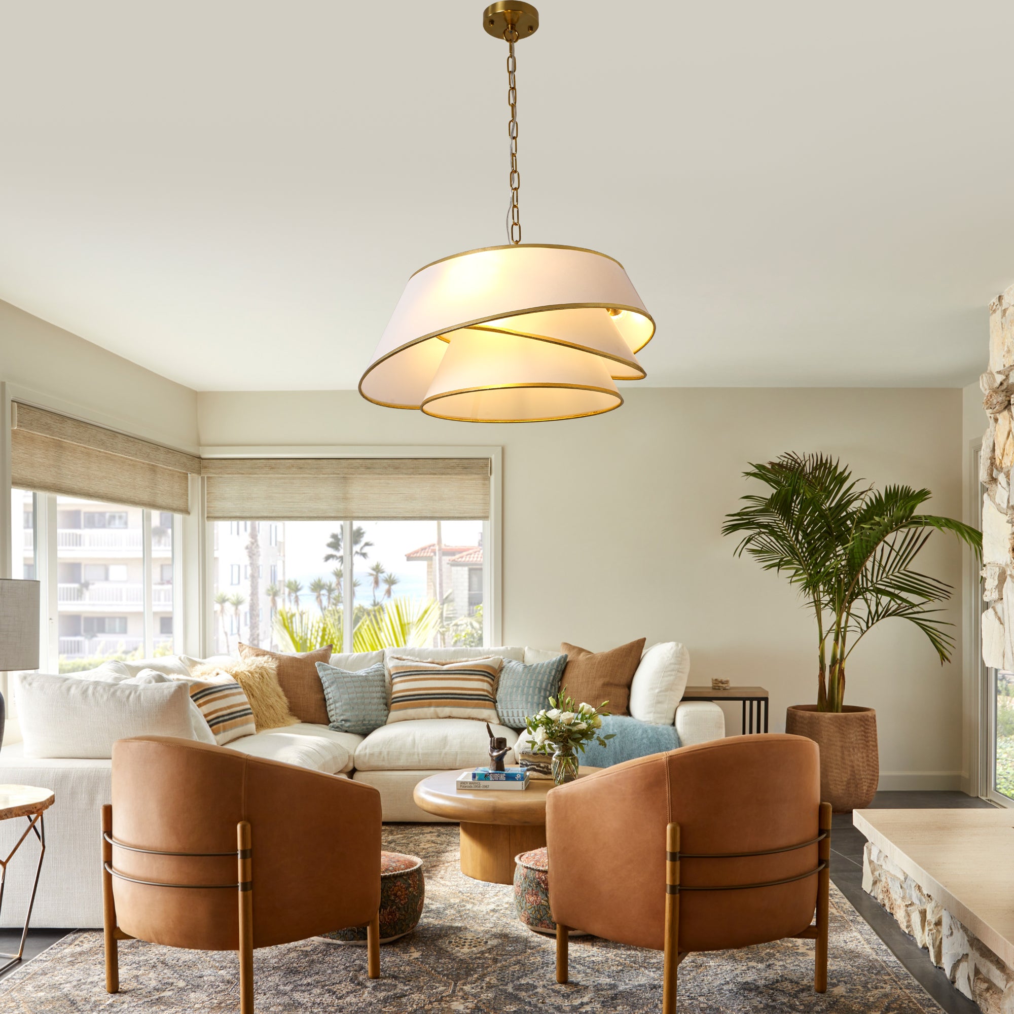 4-Light Mid Century Modern Drum Chandelier, Three-Tier Gold Chandelier with Fabric Shades, Modern Drum Light Fixtures for Dining Room