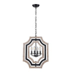 4 - Lights Distressed Wood Chandelier with Adjustable Chain, 16.9" Geometric Chandelier for Entryway with DIY Shade