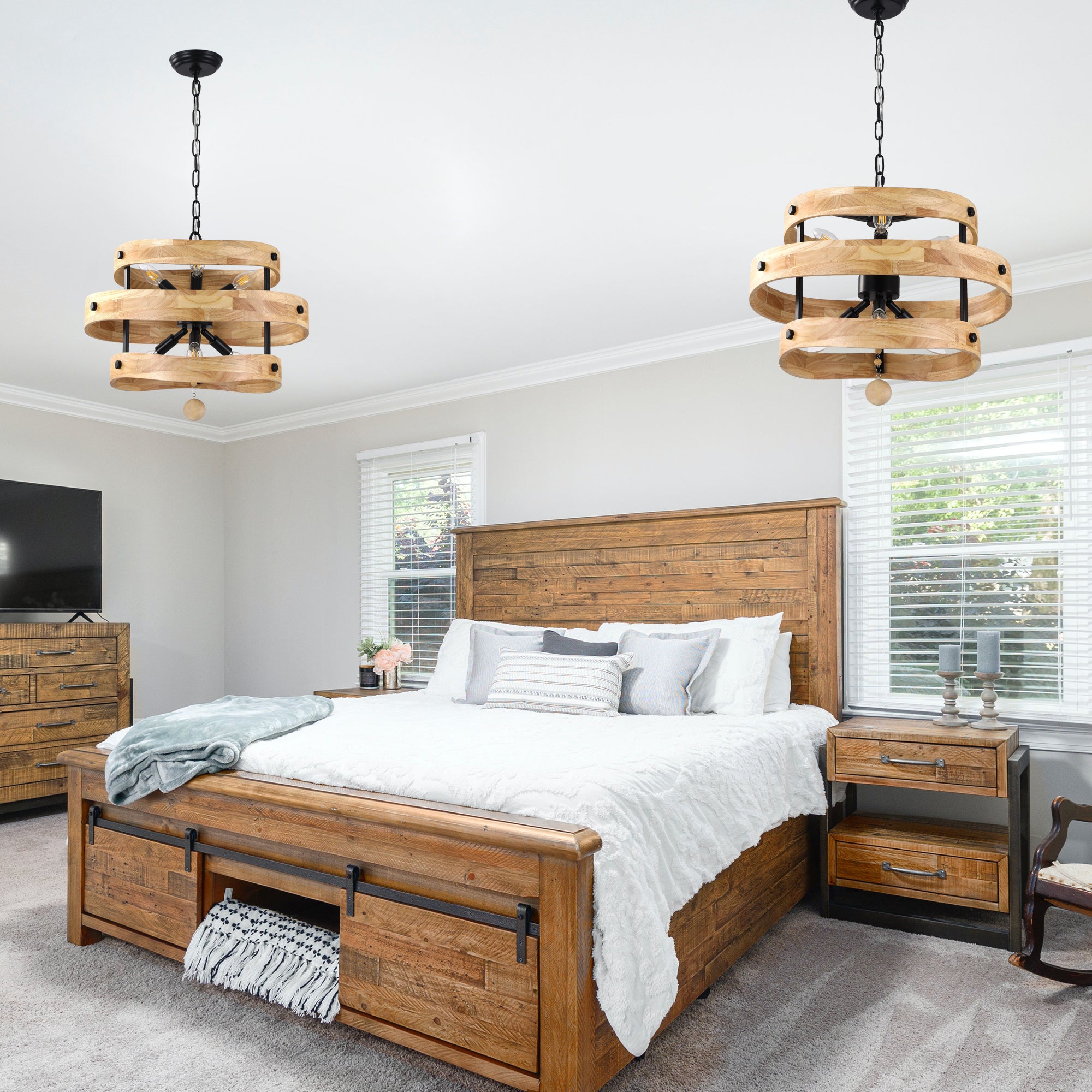 6-Light Farmhouse Weathered Wood Chandelier, 20" 3-Tiered Wooden Chandelier, Rustic Pendant Light for Dining Room