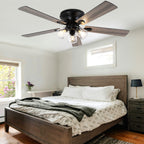 52/60 Inch Black Farmhouse Flush Mount Ceiling Fan with Lights and Remote Control, 6 Speeds DC Motor Low Profile Ceiling Fan with Glass Shade