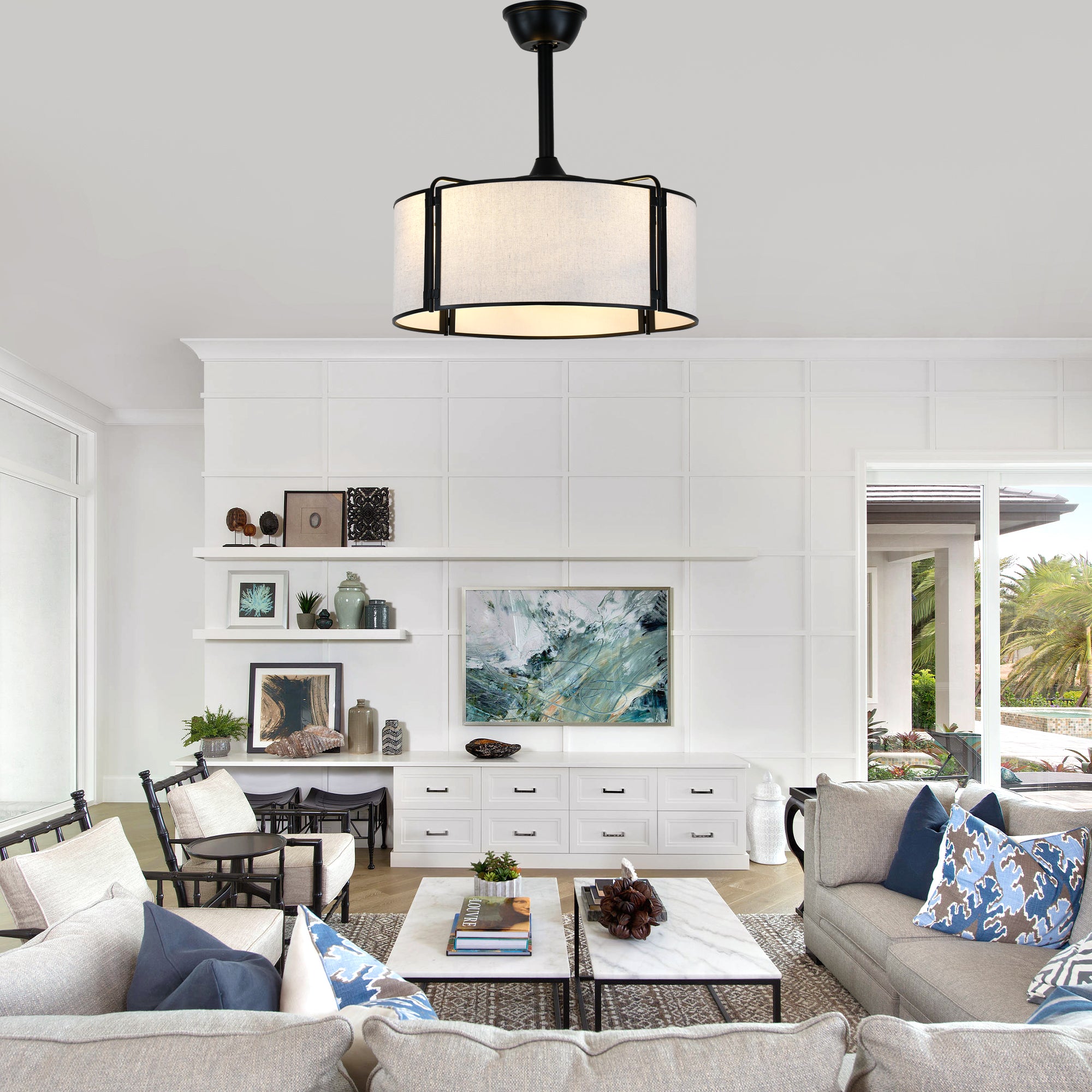 19 Inch Modern Ceiling Fan with Fabric Shade, 6-Speed DC Motor Bladeless Ceiling Fan with Lights and Remote Control for Bedroom