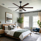 Industrial 60 Inch Caged Ceiling Fan with Light 6 Wood Blades Reversible Quiet DC Motor Ceiling Fan 3 Downrods with Remote Control Ceiling Fan Suit for Living Room, Bedroom