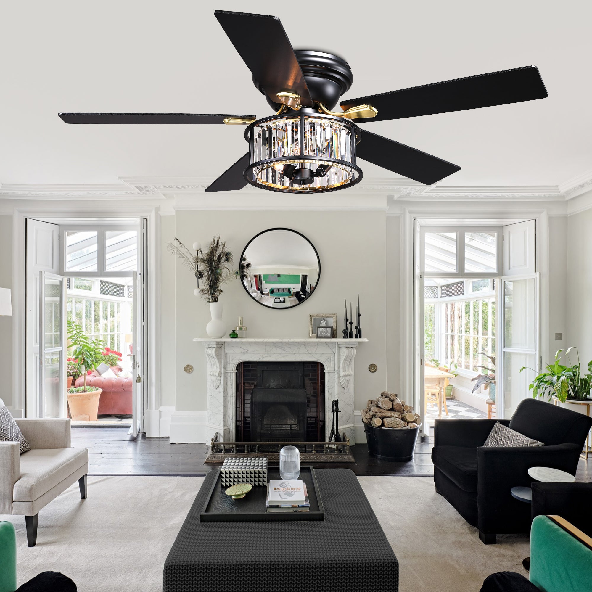 52 Inch Modern Glam Crystal Flush Mount Ceiling Fan with Lights and Remote, 6 Speeds DC Motor Reversible Low Profile Ceiling Fan