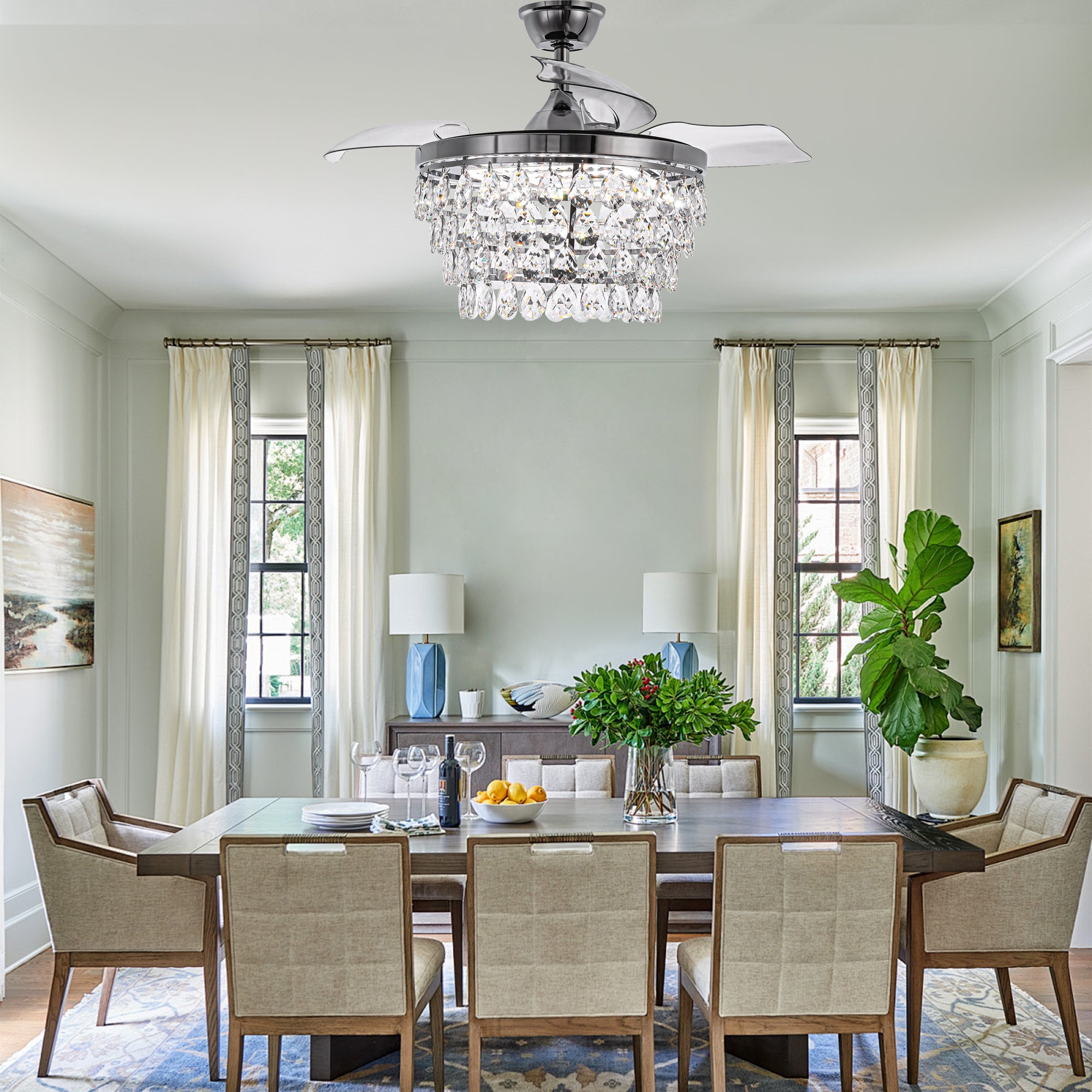 DC4270-BellaDepot 42" Silver or Gold Crystal Chandelier Ceiling Fan with Remote and Lights, Retractable Blades Ceiling Fan