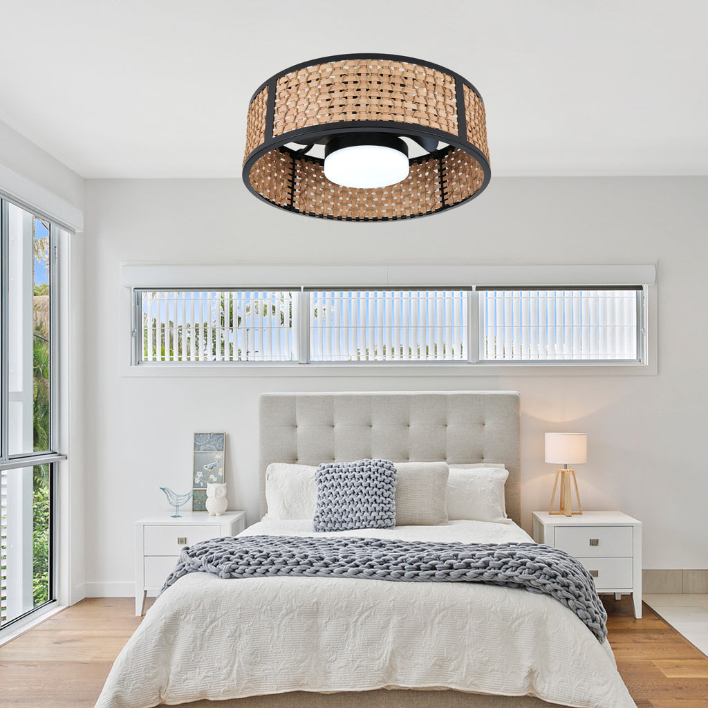 Bohemian 20 Inch Flush Mount Ceiling Fan with Light Caged Bamboo and Paper Rope Woven Shade Ceiling Fan with Ligth Dimmable LED and Reversible DC Motor Ceiling Fan Suit for Bedroom, Kitchen