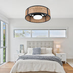 Bohemian 20 Inch Flush Mount Ceiling Fan with Light Caged Bamboo and Paper Rope Woven Shade Ceiling Fan with Ligth Dimmable LED and Reversible DC Motor Ceiling Fan Suit for Bedroom, Kitchen