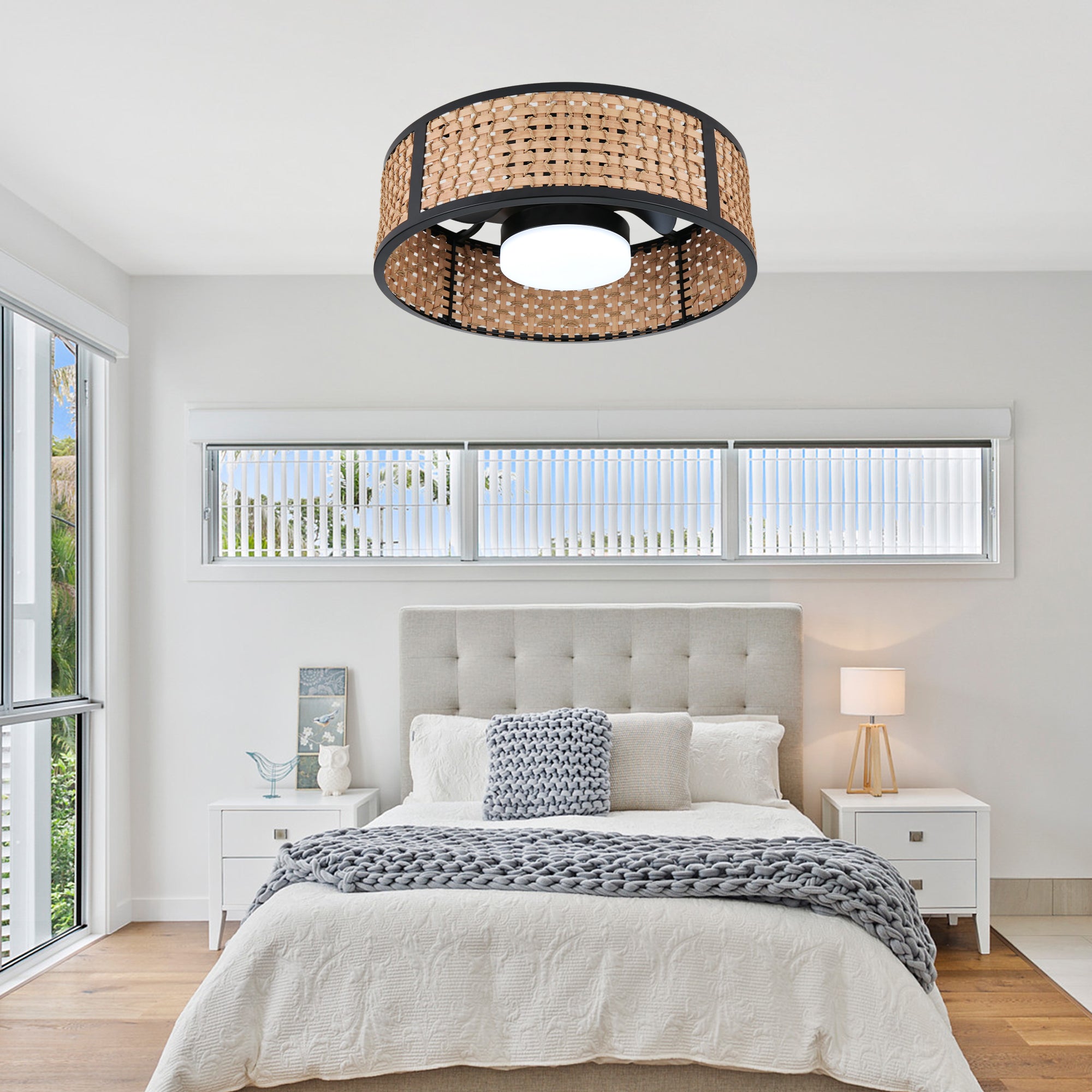 Bohemian 20 Inch Flush Mount Ceiling Fan with Light Caged Bamboo and Paper Rope Woven Shade Ceiling Fan with Ligth Dimmable LED and Reversible DC Motor Ceiling Fan Suit for Bedroom, Kitchen