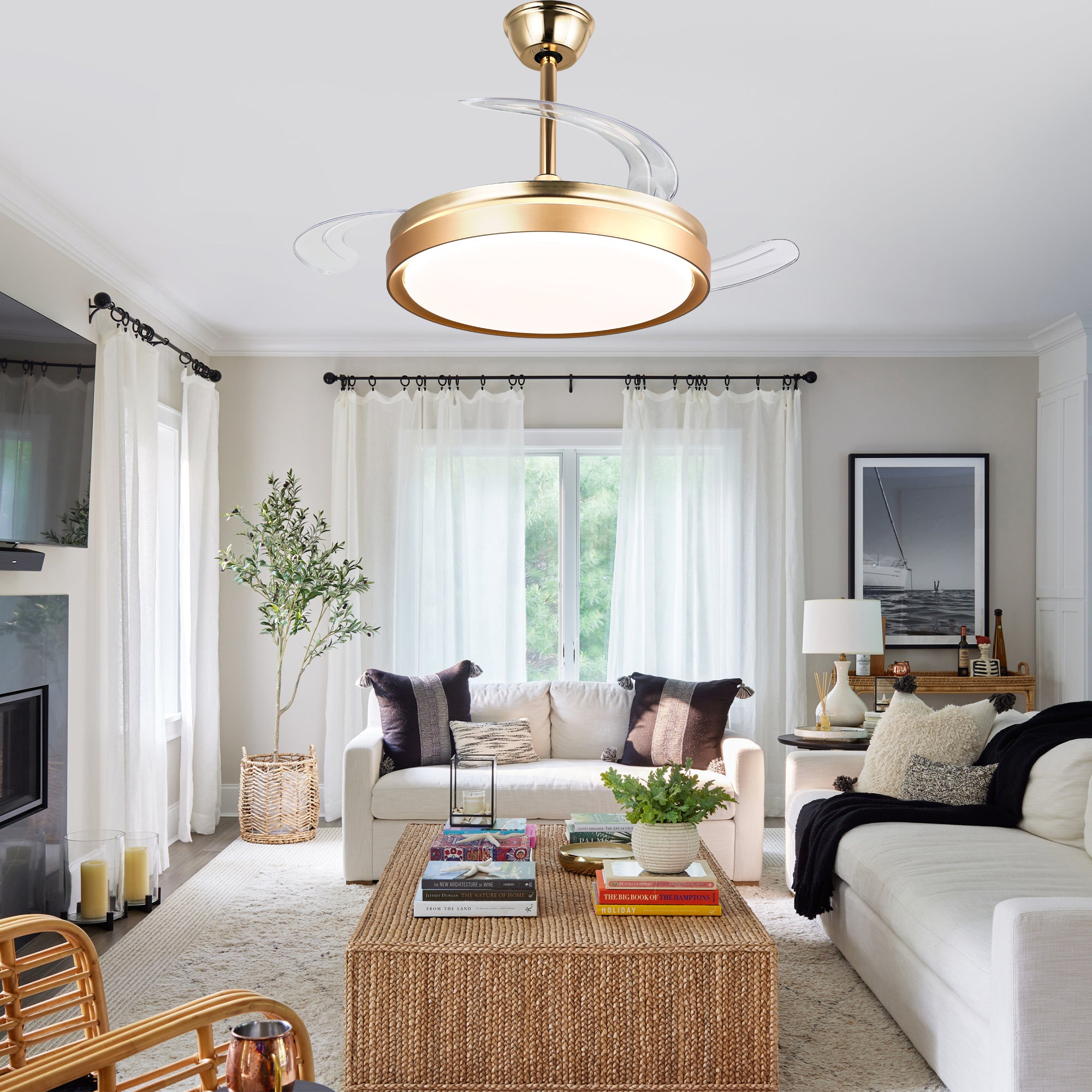 42 Inch Black/Gold/White Modern Retractable Ceiling Fan with LED Light and Remote, 6 Speeds DC Motor Bladeless Ceiling Fan for Bedroom