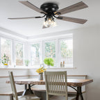 52/60 Inch Black Farmhouse Flush Mount Ceiling Fan with Lights and Remote Control, 6 Speeds DC Motor Low Profile Ceiling Fan with Glass Shade