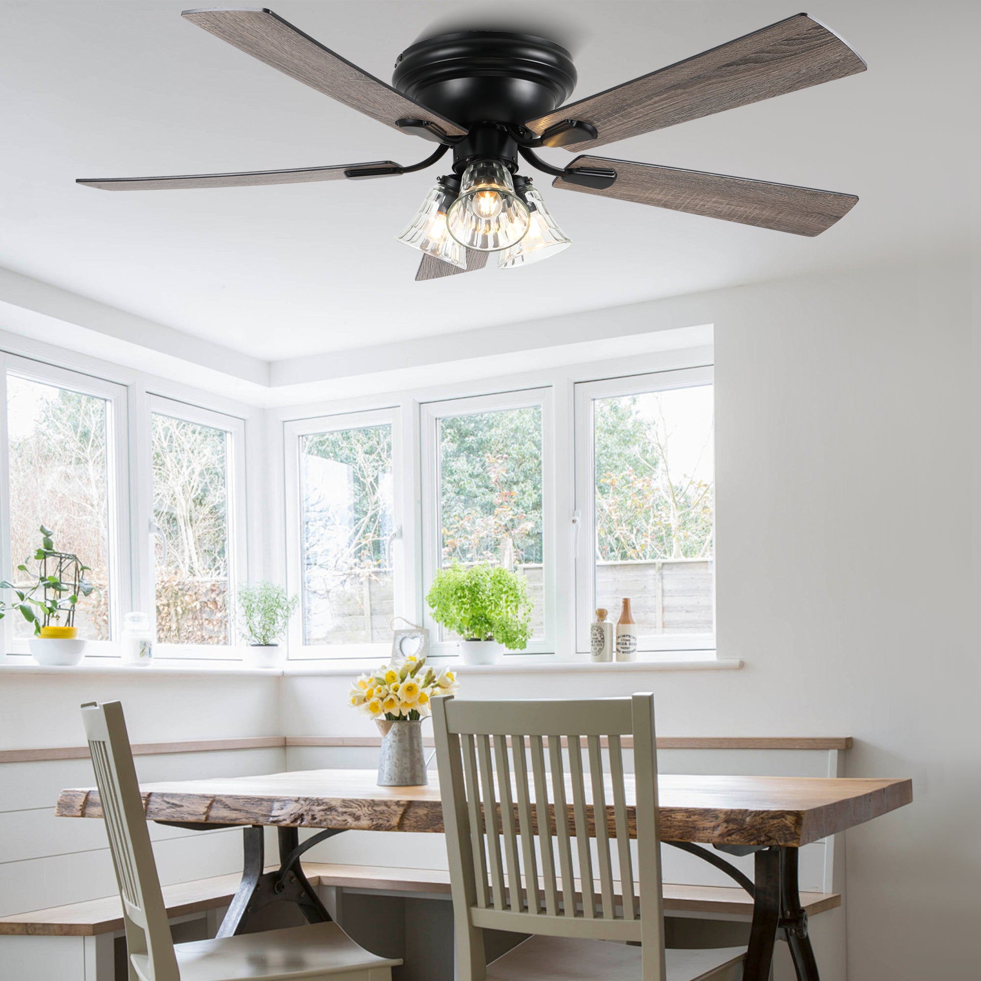 DC5215GED-BellaDepot 52" 5 Wooden Blades Retro Reversible Flush Mounted Ceiling Fan with Remote and Lights, 6-speed Large Size Ceiling Fan