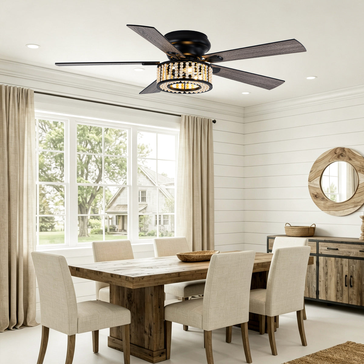 Bohemian 52 Inch Flush Mount Ceiling Fan with Light Quiet DC Motor Reversible 5 Fan Blades Farmhouse Ceiling Fan with Light Remote Control 6 Adjustable Speed Ceiling Fan Suit for Bedrooms, Kitchens, Living Rooms