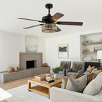 Luxury 52 Inch Crystal Caged Ceiling Fan with Light Reversible Wood Blades Quiet DC Motor Ceiling Fan Remote Control Timing Ceiling Fan Suit for Living Room, Kitchen, Bedroom
