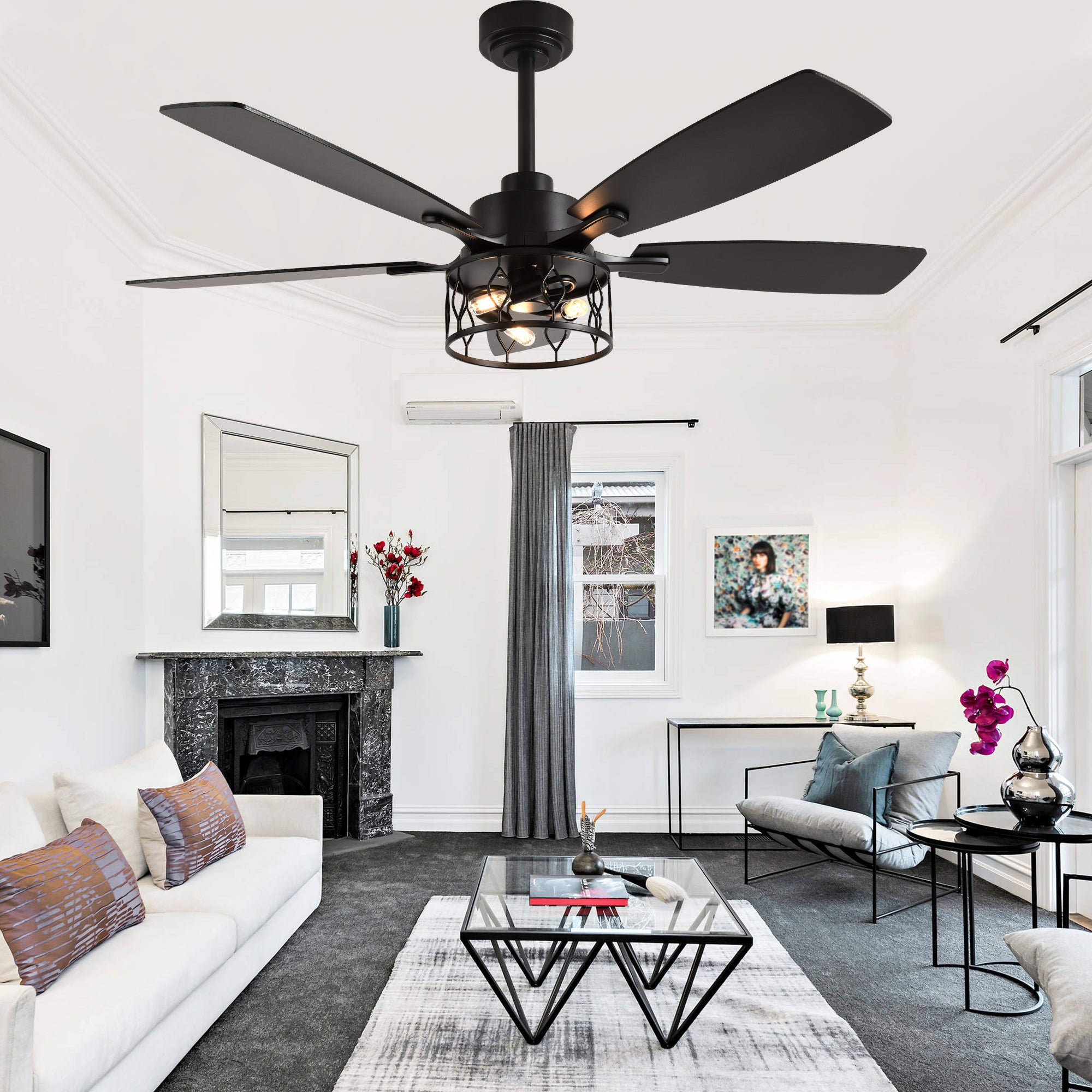 52 Inch Black Modern Ceiling Fan with Lights and Remote Control, 6 Speeds DC Motor Reversible Ceiling Fan for Living Room