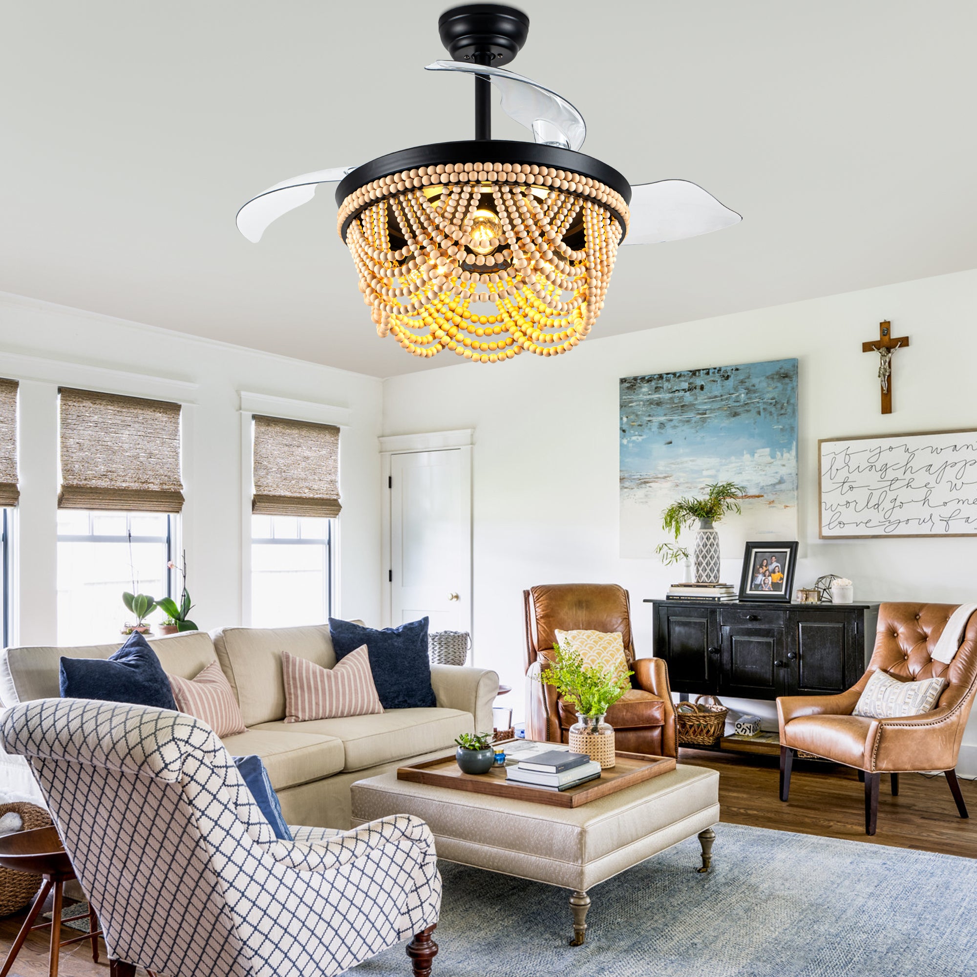 42 Inch Black Bohemian Retractable Ceiling Fan with Lights and Remote, 6 Speeds DC Motor Bladeless Fandelier Ceiling Fan with Wood Beaded Shade