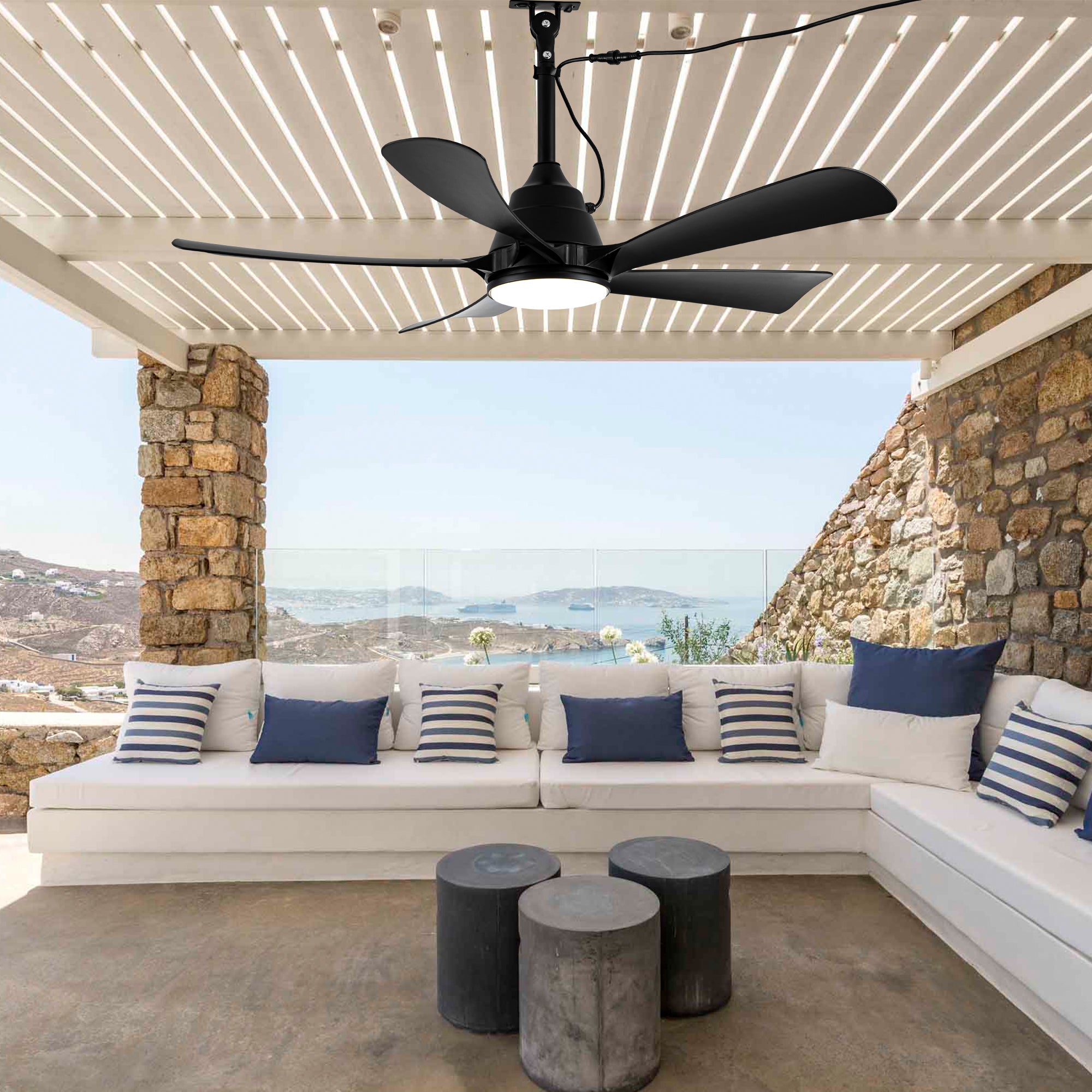 42 Inch Black 5-Blade Modern Smart Outdoor Ceiling Fan with Dimmable LED Lights, 6 Speeds Plug In Waterproof Ceiling Fans for Patios