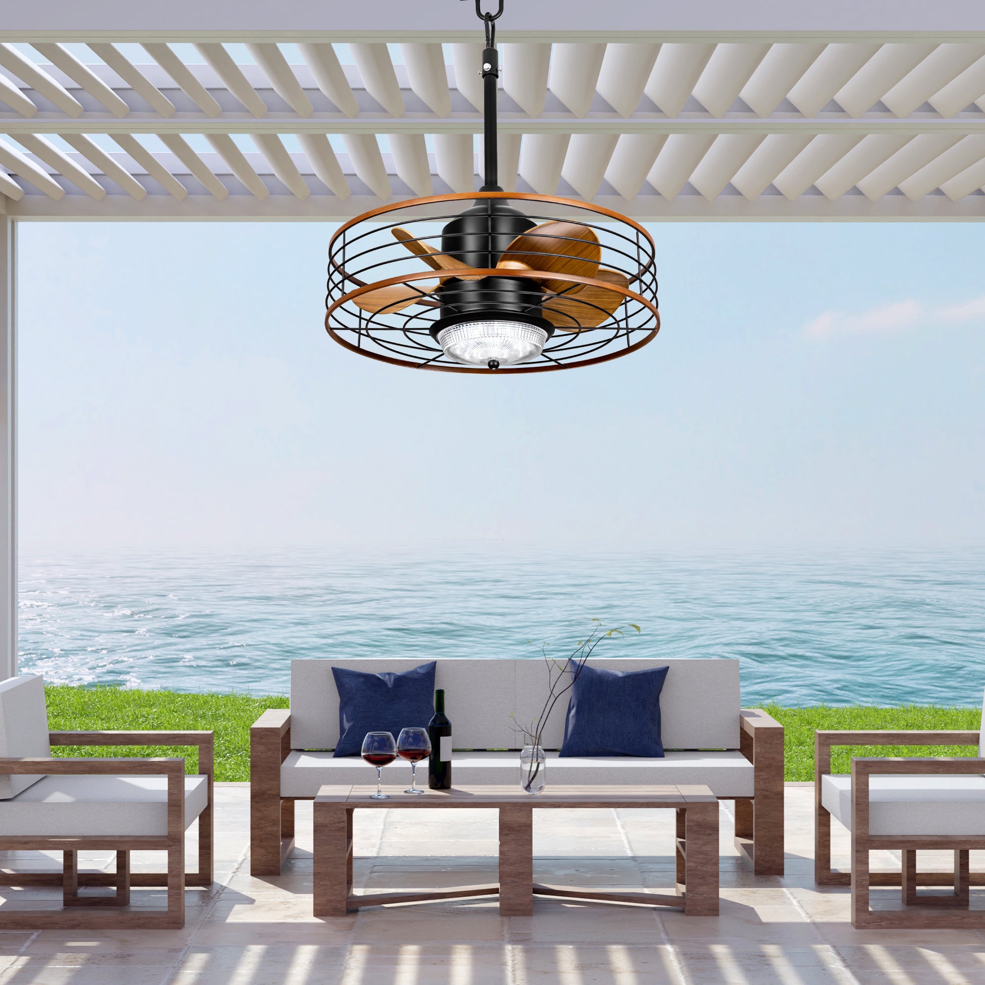 21 Inch Outdoor Waterproof Ceiling Fan with LED Light and Remote & APP Control, 6-Speed Reversible DC Motor Plug-in Ceiling Fan for Patio