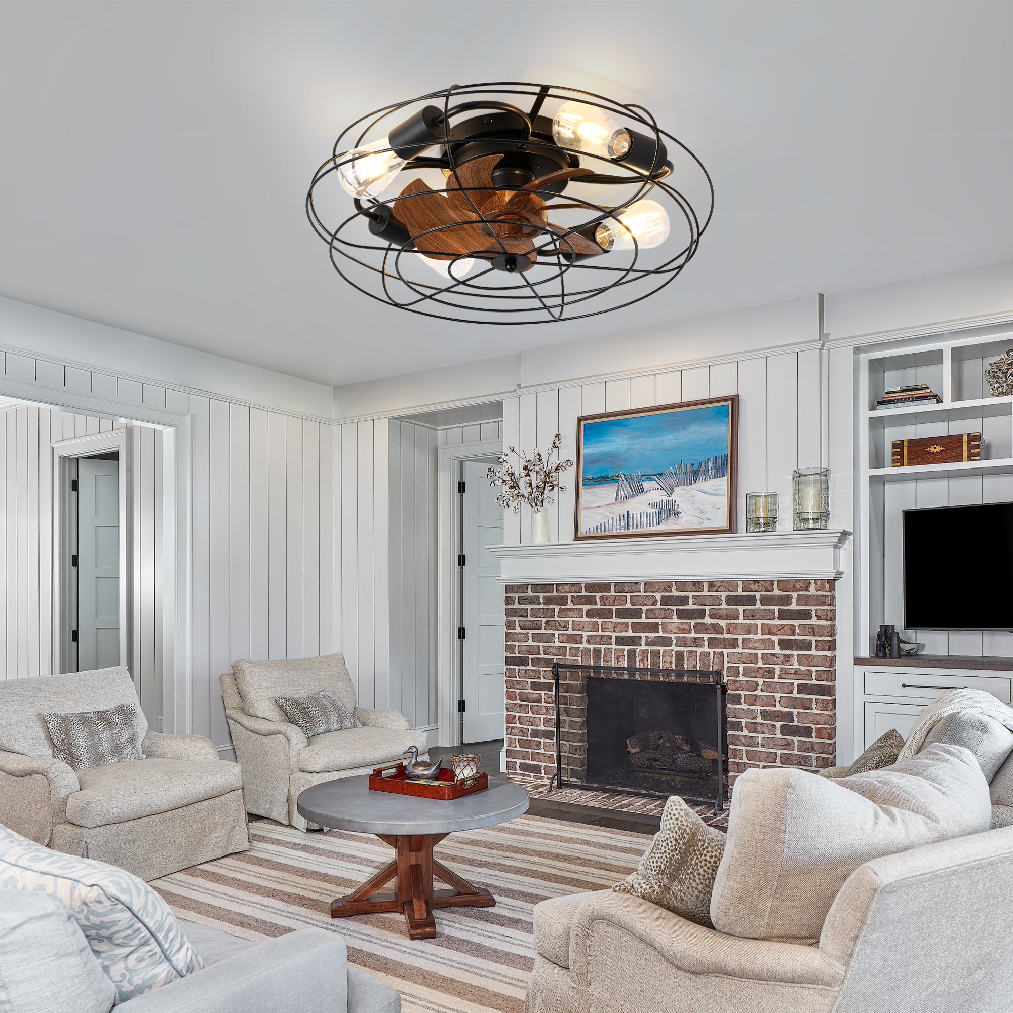 20 Inch Farmhouse Industrial Flush Mount Ceiling Fan with Lights and Remote, 6 Speeds DC Motor Bladeless Caged Ceiling Fan for Bedroom