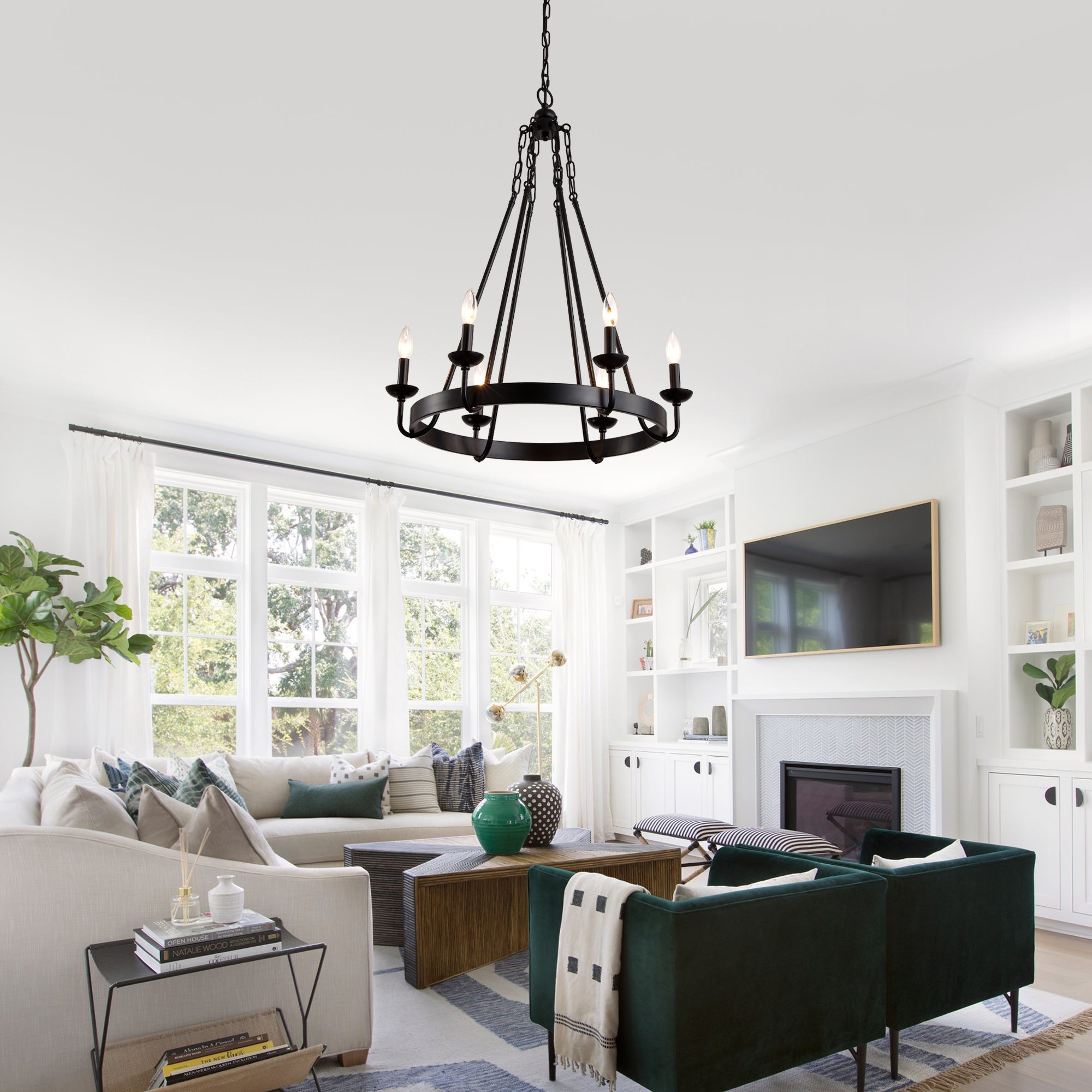 6 - Light Farmhouse Industrial Wagon Wheel Candle Chandelier, 25 Inch Round Matte Black Chandelier with Adjustable Chain, Rustic Candle-Style Pendant Light for Dining Room