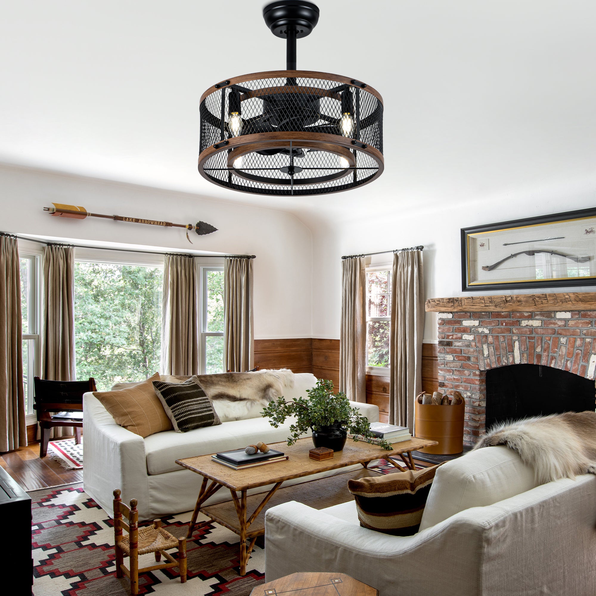 20 Inch Farmhouse Industrial Cage Ceiling Fan with Light and Remote, 6-Speed Reversible DC Motor Fandelier Bladeless Ceiling Fan