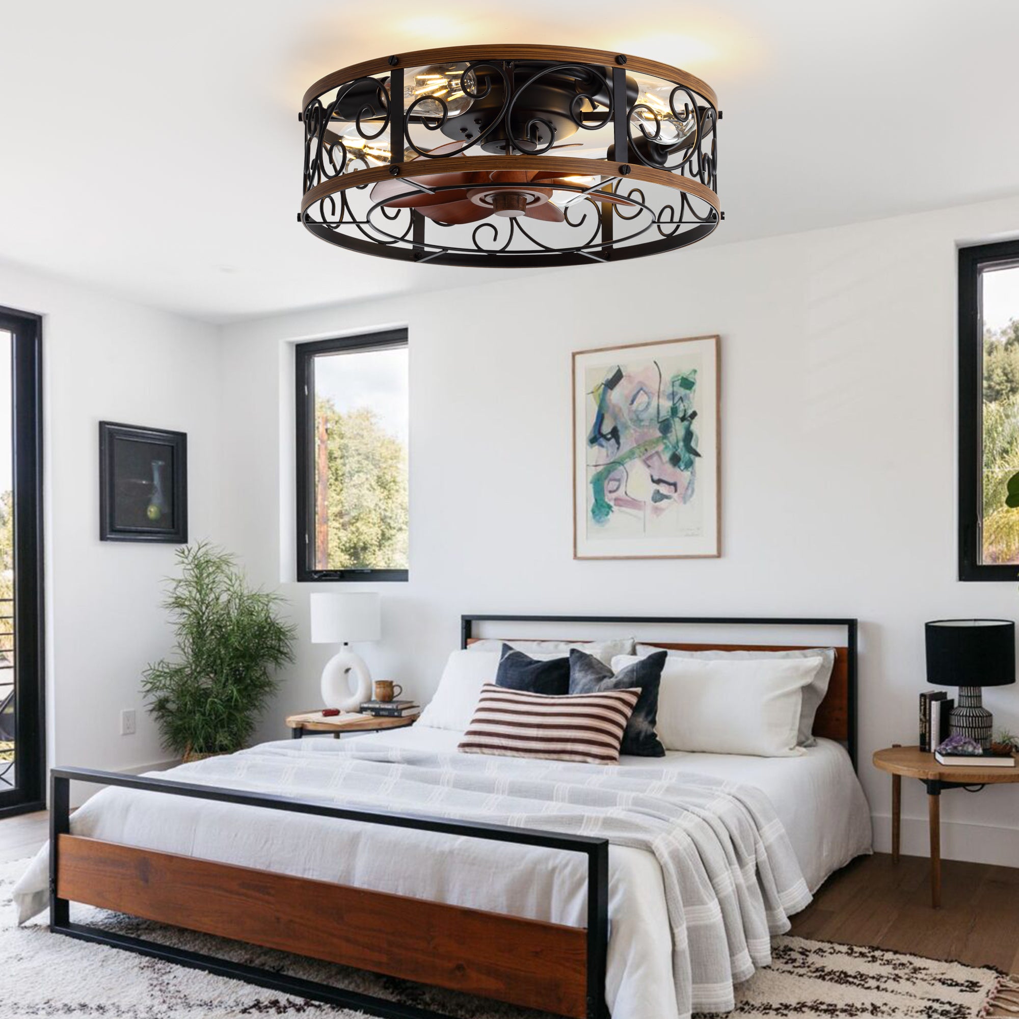 18 Inch Rustic Farmhouse Industrial Flush Mount Ceiling Fan with Lights and Remote, 6 Speeds DC Motor Reversible Low Profile Ceiling Fan