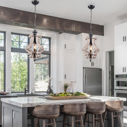1 - Light Rustic Distressed Wood/White Chandelier, 12.6" Wooden Farmhouse Chandelier Kitchen Island Light Pendant Light
