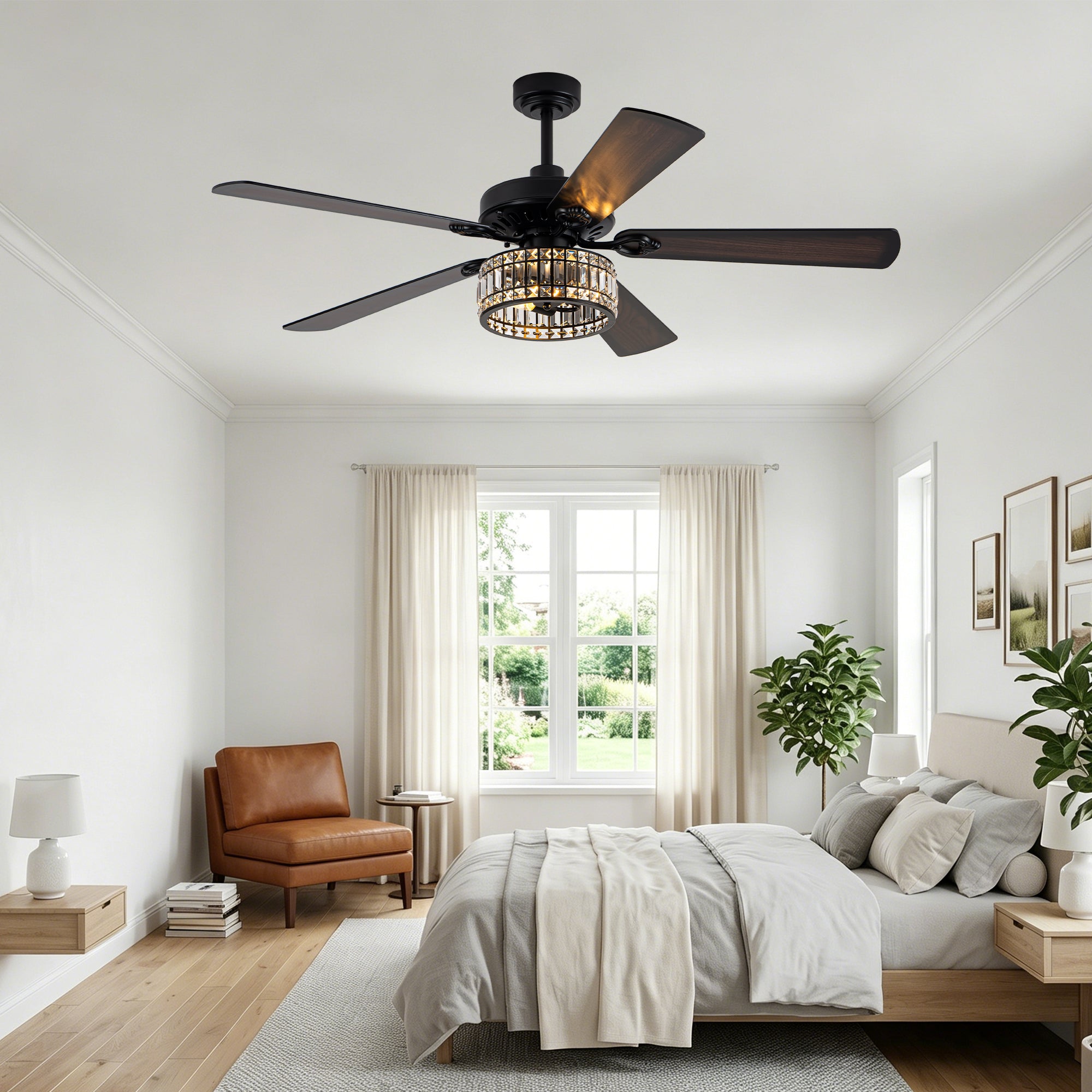 Luxury 60 Inch Crystal Caged Ceiling Fan with Light Reversible Quiet DC Motor and Remote Control Ceiling Fan Wood Blades Ceiling Fan Suit for Bedroom, Living Room, Kitchen