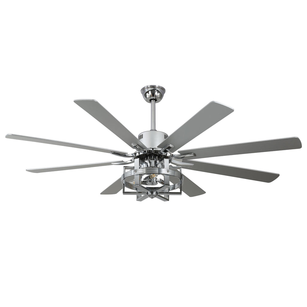 DC6501-BellaDepot 65" 8 Wooden Blades Black/Silver Finish Industrial Caged Reversible Ceiling Fan with Remote and 3 Lights, Large Size 6-speed Ceiling Fan