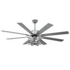 DC6501-BellaDepot 65" 8 Wooden Blades Black/Silver Finish Industrial Caged Reversible Ceiling Fan with Remote and 3 Lights, Large Size 6-speed Ceiling Fan