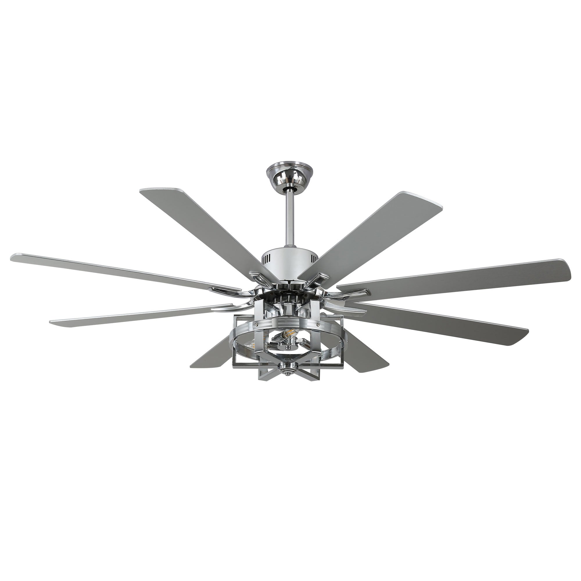 DC6501-BellaDepot 65" 8 Wooden Blades Black/Silver Finish Industrial Caged Reversible Ceiling Fan with Remote and 3 Lights, Large Size 6-speed Ceiling Fan